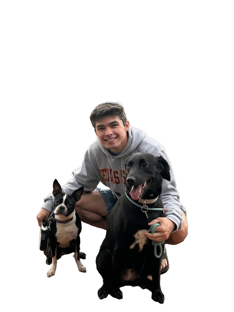 Gage and his dogs Turd Nerds founder with two dogs – Austin-based dog poop pickup service you can trust